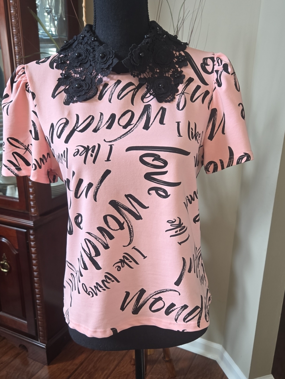 Pastels Pink Short-Sleeve Top with Black Lace Floral Collar